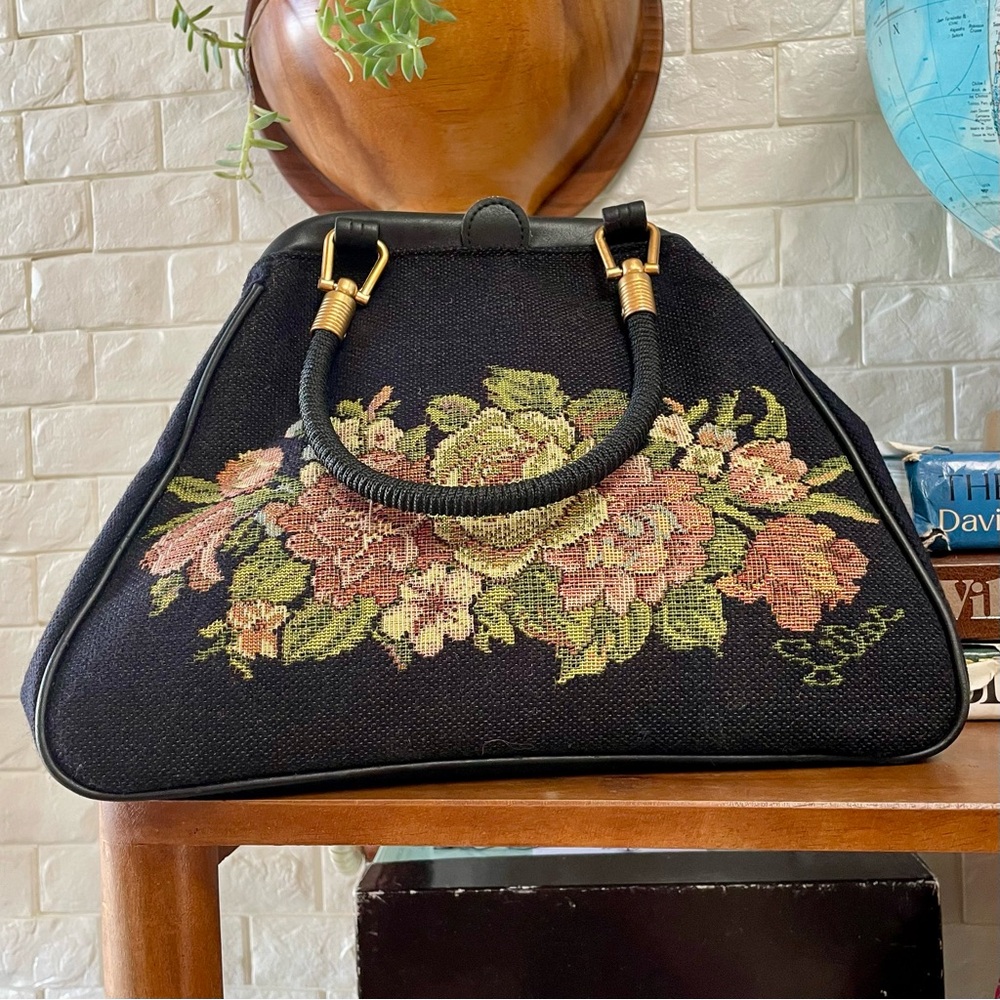 Vintage Lilac Floral Tapestry Needlepoint Bag Purse - Picture 2 of 14